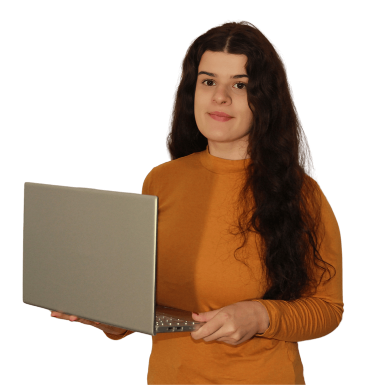 An image of Ivana, an SEO specialist at a global seo agency, SEO Curly, holding a laptop and reading reviews