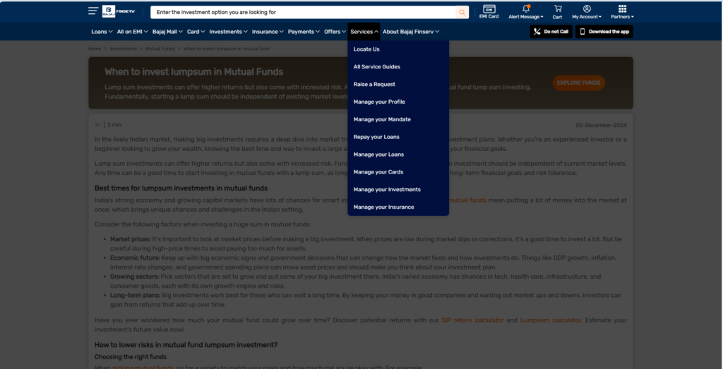 an image of a finance website that is showing the services they offer