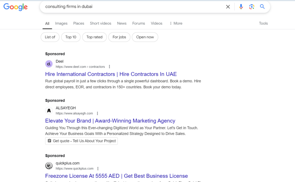 A screenshot of a Google search for consulting firms in Dubai
